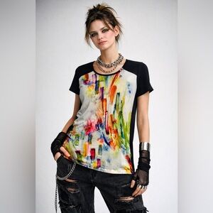 Zoe Abstract Art Top Sz S Black Stretch Split Sides Colorful Avant Garde Buttons